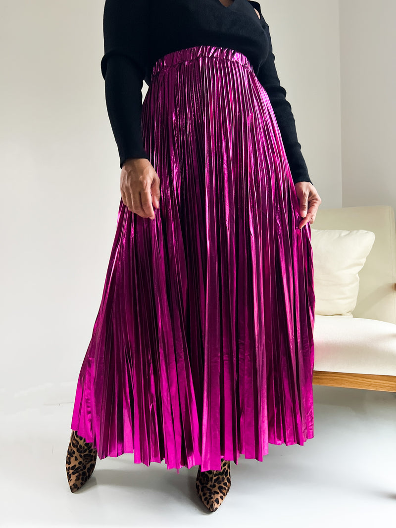Metallic Pleated Skirt/Fuchsia